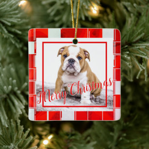 Ornement En Céramique Red Plaid Bulldog Chien photo Joyeux Noël