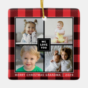 Ornement En Céramique Red Plaid Merry Christmas Grandma Photo Collage