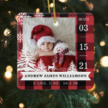 Ornement En Céramique Red Plaid Pine Tree Baby Birth Stats & Photos<br><div class="desc">Nouveau bébé statistiques de naissance photo ornement de Noël. Le design comprend deux photos, une photo à l'avant et une à l'arrière. Affichez la photo de votre nouveau bébé. La date de naissance est affichée le long du côté et le nom et la naissance du bébé se trouvent le long...</div>