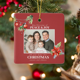 Ornement En Céramique Red Poinsettia Christmas Family Photo