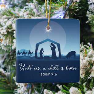 Ornement En Céramique Religieux Noël Nativité Scène Bleu chrétien