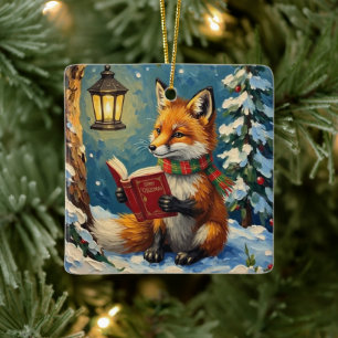 Ornement En Céramique Renard d'hiver vintage lisant à la lumière d'une l
