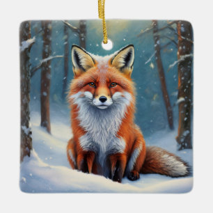 Ornement En Céramique Renard Mignon Dans Une Forêt Couverte De Neige