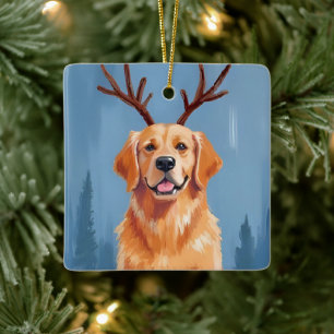 Ornement En Céramique Rennes à cornes de Golden Retriever Noël
