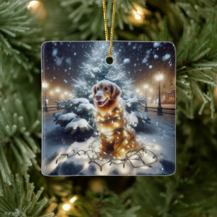 Ornement En Céramique Retriever doré empêtré dans les lumières de Noël