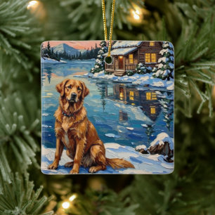 Ornement En Céramique Rétro Golden Retriever au Noël au bord du lac