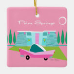 Ornement En Céramique Rétro Pink Palm Springs Ceramic Ornament<br><div class="desc">Between the pink background, turquoise mid century modern home, and the classic 1950 s car, this design couldn’t be more Palm Springs if it said it in the clouds. Oh, wait, it does say it in the clouds ! The blue and teal stone of the house is offset by the...</div>