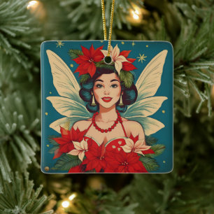 Ornement En Céramique Rétro Reine de Beauté Pin-Up de Noël Tropical des