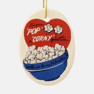 Ornement En Céramique Retro Valentines Day, Popcorn Pop a Corny Question