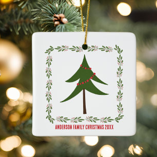 Ornement En Céramique Retro Vintage Christmas Tree & Wreath Nom de famil