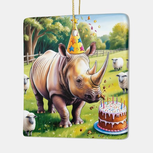 Ornement En Céramique Rhino portant le casquette d'anniversaire dans le (Gauche)