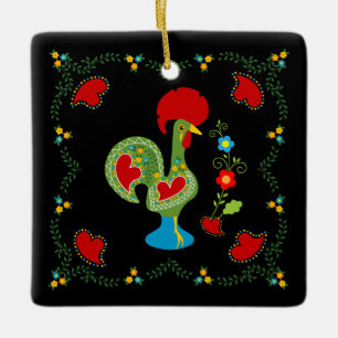 Ornement En Céramique Rooster portugais de la chance en vert Joyeux anni