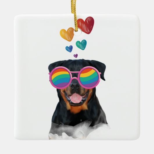 Ornement En Céramique Rottweiler Chien avec Coeurs Saint-Valentin (Devant)
