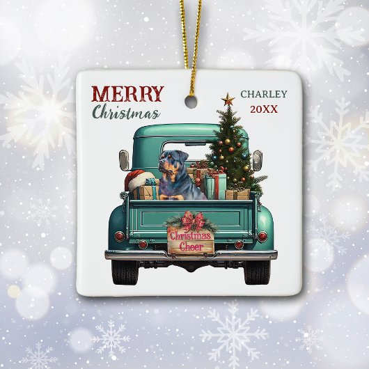 Ornement En Céramique Rottweiler Dog Retro Truck Christmas