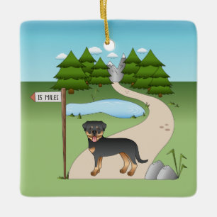 Ornement En Céramique Rottweiler noir et feu par un sentier de randonnée