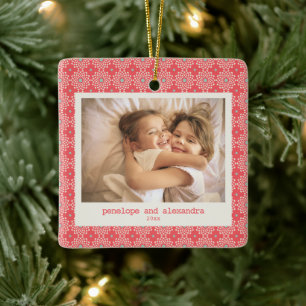 Ornement En Céramique Rouge Fleurs Rétro Noël Enfants Photo Personnalisé