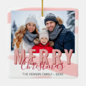 Ornement En Céramique Rouge rose Joyeux Noël Script Famille Photo (Dos)