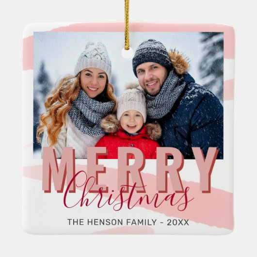 Ornement En Céramique Rouge rose Joyeux Noël Script Famille Photo (Dos)