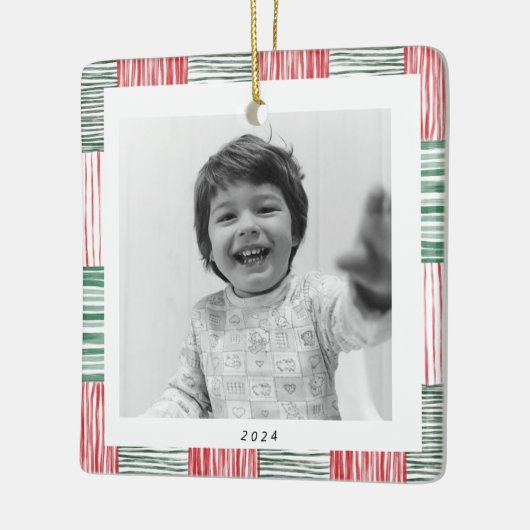 Ornement En Céramique Rouge Vert aquarelle rayures Motif une photo (Gauche)