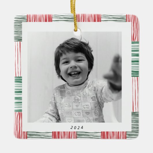 Ornement En Céramique Rouge Vert aquarelle rayures Motif une photo (Devant)