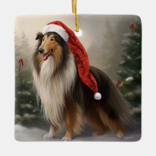 Ornement En Céramique Rough Collie Chien dans la neige Noël