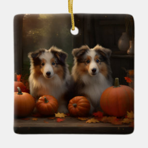 Ornement En Céramique Rough Collie chiot Automne Délice Citrouille