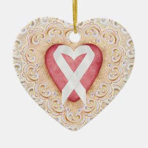 Ornement En Céramique Ruban blanc sur le cancer du poumon #2 du coeur - 