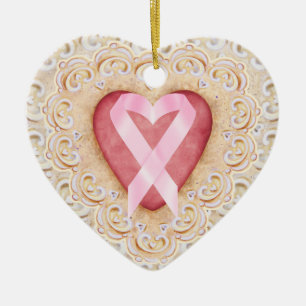 Ornement En Céramique Ruban rose Cancer Ruban #2 du coeur - SRF