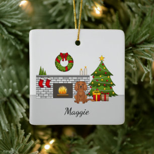 Ornement En Céramique Ruby Cavalier Dog In A Christmas Room & Name