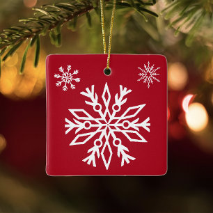 Ornement En Céramique Ruby Rouge Festif Noël Flocons de Neige Blancs