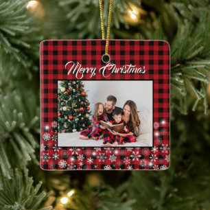 Ornement En Céramique Russe Rouge noir Buffle Plaid Family Photo
