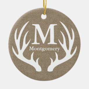 Ornement En Céramique Russe White Deer Antlers Faux Burlap Nom de famill