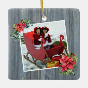 Ornement En Céramique Rustic Barn Board et Poinsettias   Photo de famill