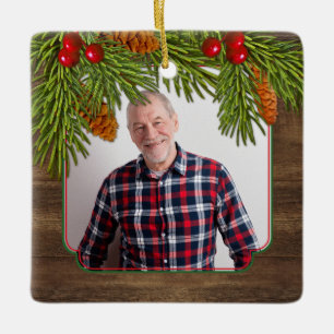 Ornement En Céramique Rustic Wood Pine Boughs Memorial Photo Christmas