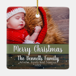 Ornement En Céramique Rustic Wood Script Merry Christmas Holiday Photo