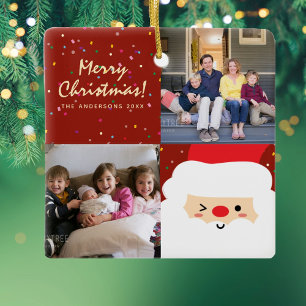 Ornement En Céramique Rustique Rouge & Or Noël Père Noël et photo de fam