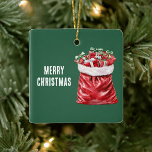 Ornement En Céramique Sac rouge du Père Noël avec des nœuds verts et bla