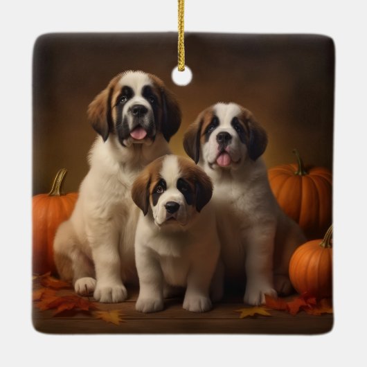Ornement En Céramique Saint Bernard Puppy Automne Citrouille (Dos)