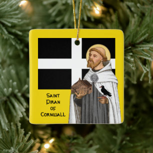 Ornement En Céramique Saint Piran de Cornwall (SAE 01) et son drapeau, e