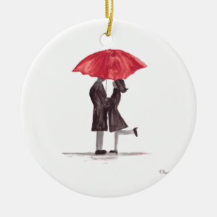 Ornement En Céramique Saint Valentin couple romantique parapluie rouge