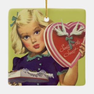 Ornement En Céramique Saint-Valentin Mignon Vintage, Fille avec Chocolat