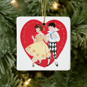 Ornement En Céramique Saint-Valentin rétro, Arlequin et cœur vintage