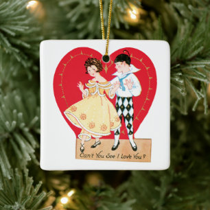 Ornement En Céramique Saint-Valentin rétro, Arlequin et cœur vintage