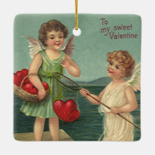 Ornement En Céramique Saint-Valentin vintage, Anges pêchant des cœurs
