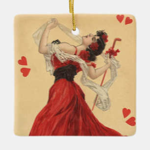 Ornement En Céramique Saint-Valentin vintage, Dame de la danse Cœurs rou