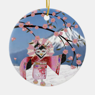 Ornement En Céramique Sakura Geisha Oiseau dans les Cerisiers en Fleur s