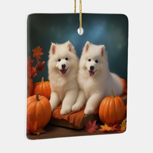 Ornement En Céramique Samoyed Chiot Automne Citrouille de plaisir (Droite)