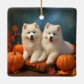 Ornement En Céramique Samoyed Chiot Automne Citrouille de plaisir (Dos)