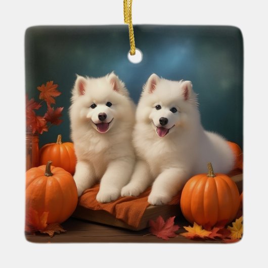 Ornement En Céramique Samoyed Chiot Automne Citrouille de plaisir (Devant)