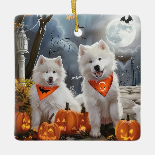 Ornement En Céramique Samoyed Halloween Éffrayant (Devant)